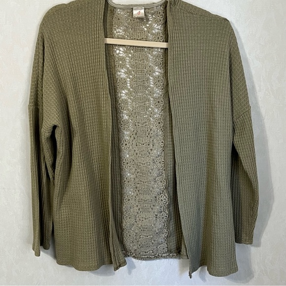 I Joah Green Cardigan Sweater with Lace Back Detail and Long Sleeves - Picture 1 of 5